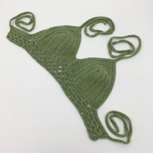 Crochet Knit Halter Bralette Top Womens M Green Boho Festival Hippie Earthy 70s